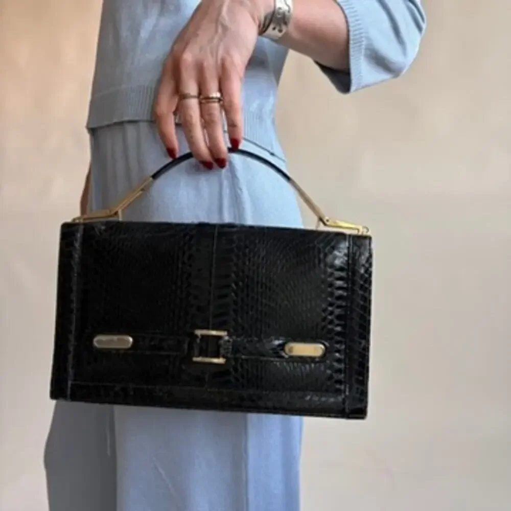 1940s/50s Black Snakeskin Bag - Gold Hardware, Suede Interior, 3 Sections